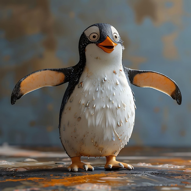 Pinguim com postura deslizante e olhar brincalhão penas elegantes um personagem animal criativo em BG branco