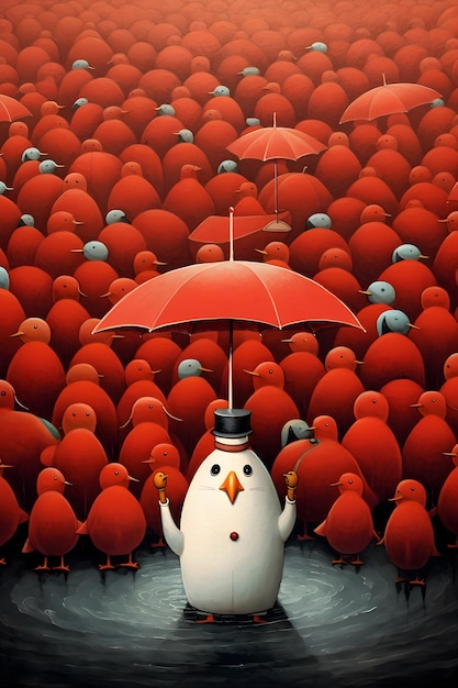 Pinguim de desenho animado bonito com um guarda-chuva em uma multidão de pássaros AI Generative