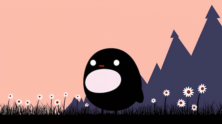 Foto pinguim de desenho animado num prado com céu rosa