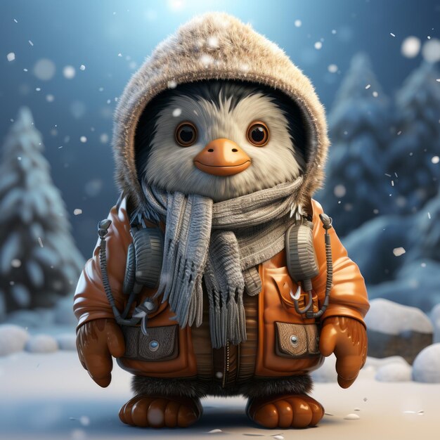 Pinguim de desenho animado vestindo roupas de inverno criado com tecnologia de ia geradora