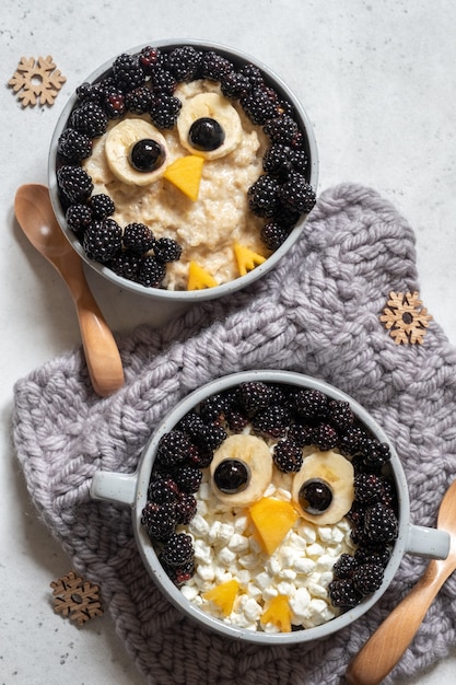 Pinguim de mingau com frutas frescas para crianças engraçadas