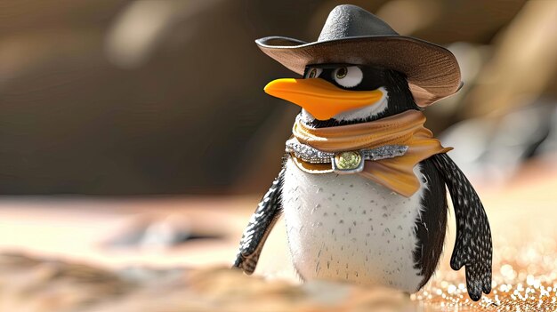 Pinguim em um traje de cowboy tema oeste selvagem estética ocidental brinquedo de pelúcia mascote surrealismo close-up estilo desenho animado chapéu de cowboy conceito de uma criatura selvagem em roupas humanas gerado por IA