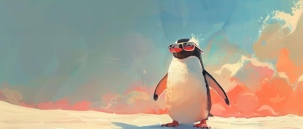 Pinguim em uma praia tropical ao pôr do sol Ilustração de férias peculiares e conceito de verão