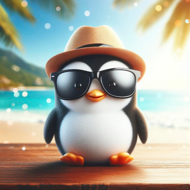 Foto pinguim engraçado e fofo usa óculos de sol em férias contra o bokeh o pano de fundo de uma praia com palmeiras ai generativa