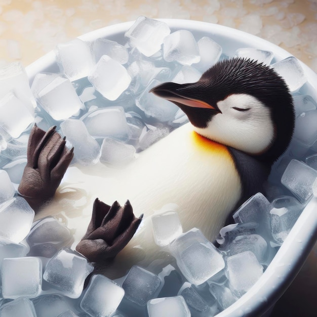 Pinguim está em uma banheira cheia de cubos de gelo, o conceito de refresco em clima quente ai generativo