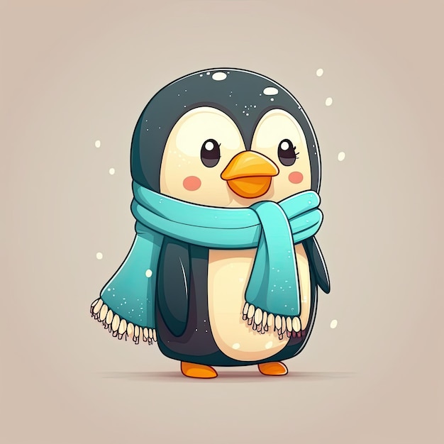 Pinguim fofo e engraçado com cachecol em fundo colorido Ilustração de um personagem infantil no inverno IA generativa