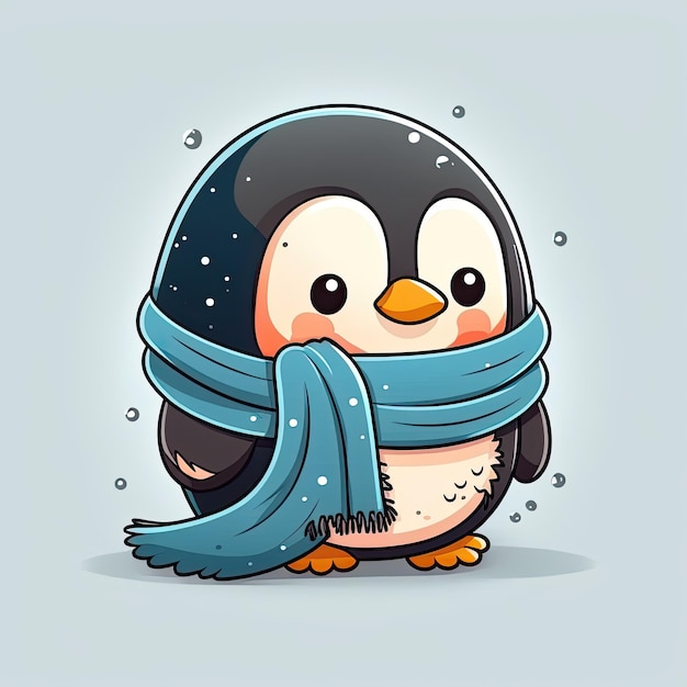 Pinguim fofo e engraçado com cachecol em fundo colorido Ilustração de um personagem infantil no inverno IA generativa