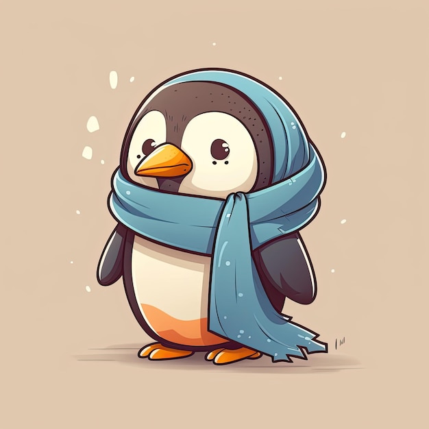 Pinguim fofo e engraçado com cachecol em fundo colorido Ilustração de um personagem infantil no inverno IA generativa