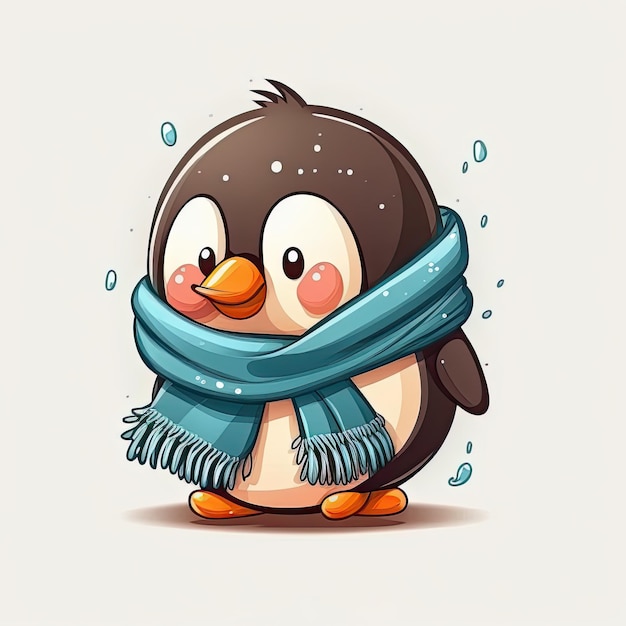 Pinguim fofo e engraçado com cachecol em fundo colorido Ilustração de um personagem infantil no inverno IA generativa