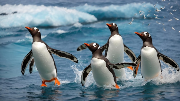 Pinguim Gentoo deslizando pelas águas do oceano