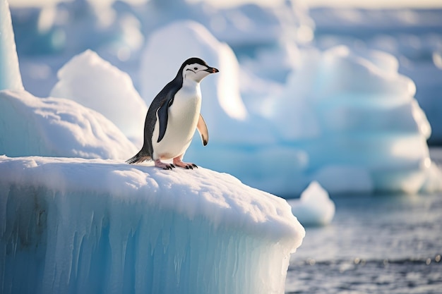 Pinguim Gentoo em pé sobre um gelo flutuante Península Antártica Antártida Pinguim Chinstrap no gelo na Antártida AI Gerado