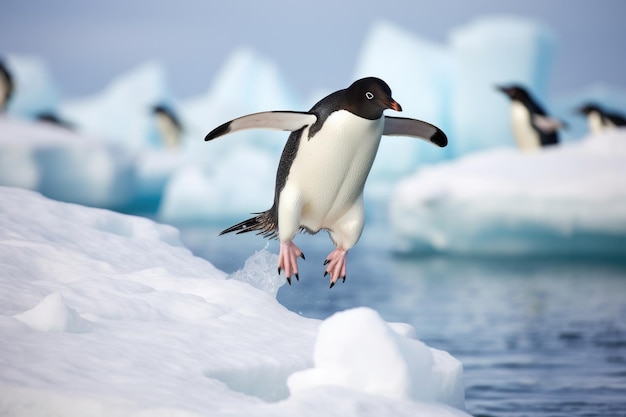 Pinguim Gentoo Pygoscelis papua em um gelo flutuante Pinguim Adelie pulando entre dois blocos de gelo AI Gerado