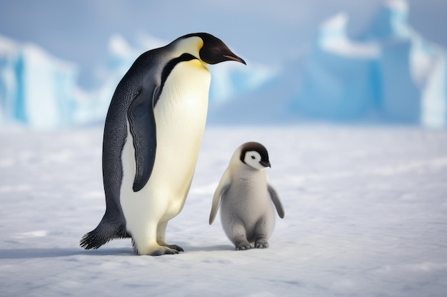 Pinguim imperador e pinguim bebê no gelo da Antártida Pinguim imperador andando na neve Gerado por IA