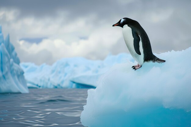 Pinguim numa geleira no oceano
