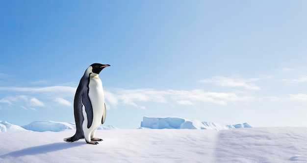 Pinguim parado na Antártica olhando para o céu azul