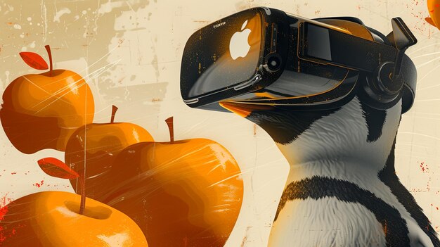 Pinguim polido com visão, óculos de sol de realidade virtual, fundo sólido.