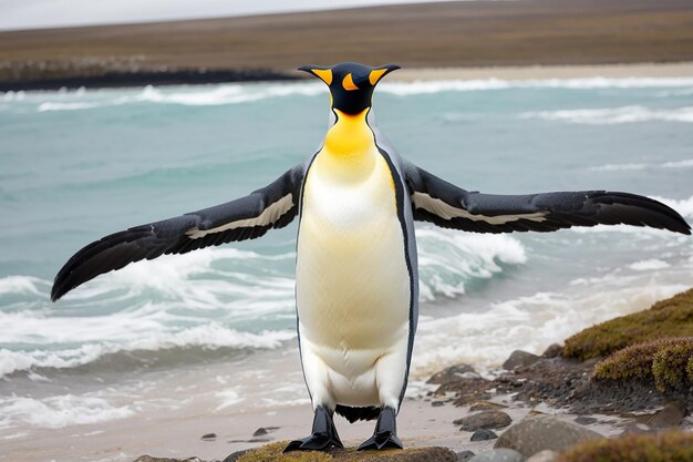 Pinguim-rei grande indo para a água azul do oceano Atlântico na costa das Ilhas Malvinas pássaro-marinho no habitat natural