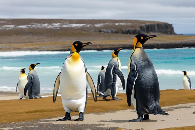 Foto pinguim-rei grande indo para a água azul do oceano atlântico na costa das ilhas malvinas pássaro-marinho no habitat natural