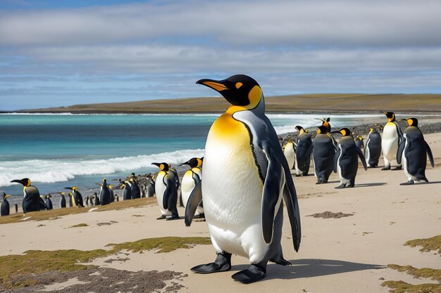 Pinguim-rei grande indo para a água azul do oceano Atlântico na costa das Ilhas Malvinas pássaro-marinho no habitat natural