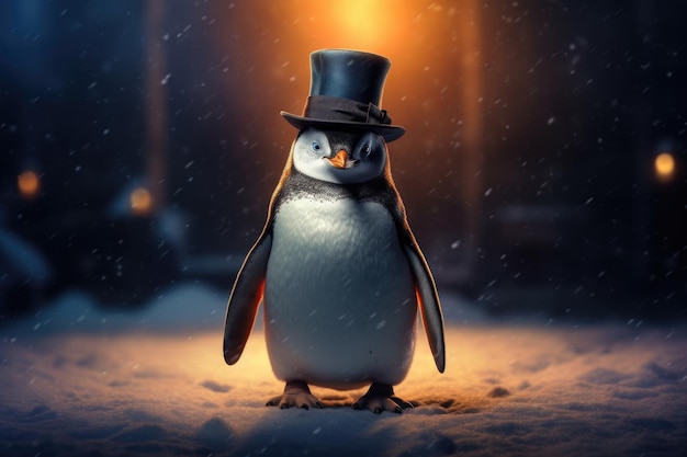 pinguim vestido com um chapéu alto de pé na neve de pé em suas pernas traseiras com o corpo ereto