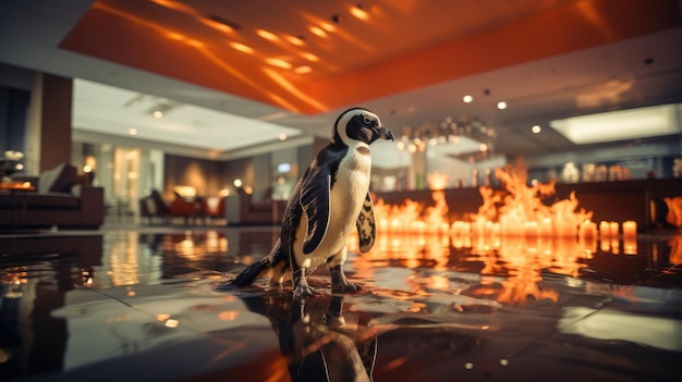 Pinguin-Charakter mit Feuer HD 8K-Hintergrundbild, Stockfoto-Bild