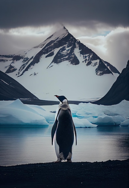 Pinguin, der alleine im Schnee steht, mit einer majestätischen Bergkette im Hintergrund generative ai