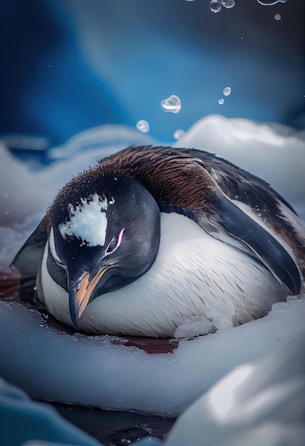 Pinguin, der fest auf einem Bett aus Eis generativer KI schläft