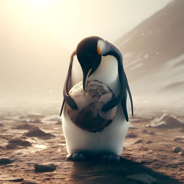 Foto pinguin hält die erde