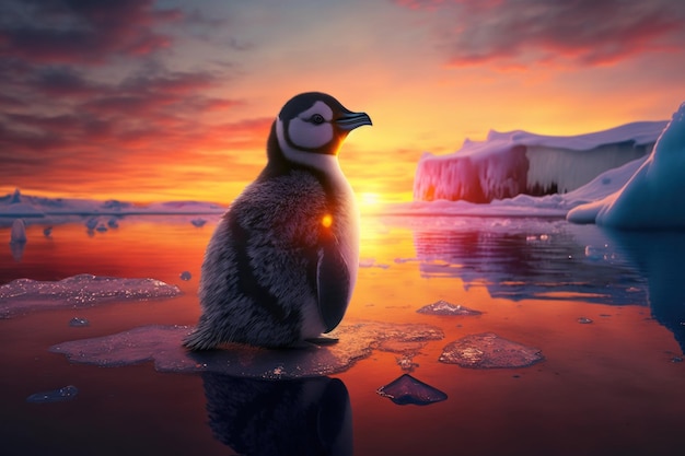 Foto pinguin in polarregionen auf sonnenuntergang hintergrund generative ki