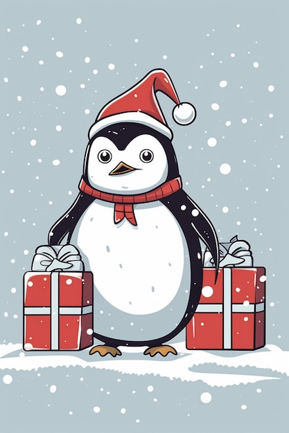Pinguin mit Weihnachtsmannshut und Schal und zwei Geschenken in der Hand