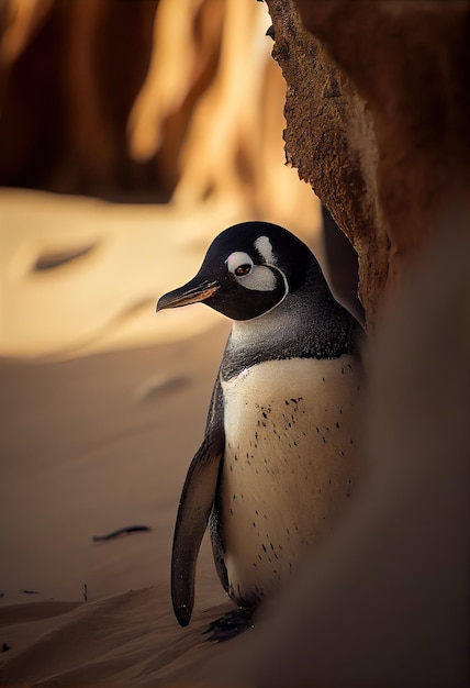 Pinguin versteckt sich hinter einem Felsen am Strand generative ai