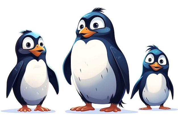 Pinguine auf weißem, isoliertem Hintergrund Familiensatz niedlicher Zeichentrickfiguren Generative KI-Illustration