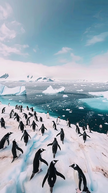Foto pinguine in einer herde durchqueren ein schneebedecktes feld in der nähe des eisigen ozeans im antarktischen frühling