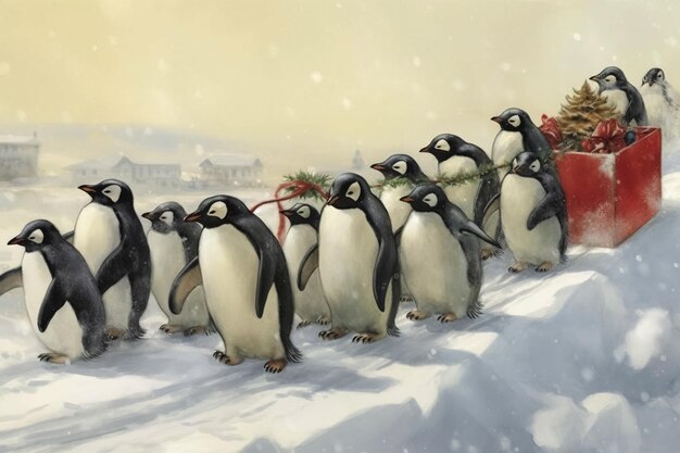 Pinguine und eine Geschenkkiste Frohe Weihnachten oder frohes Neujahr Hintergrund Generative Ai