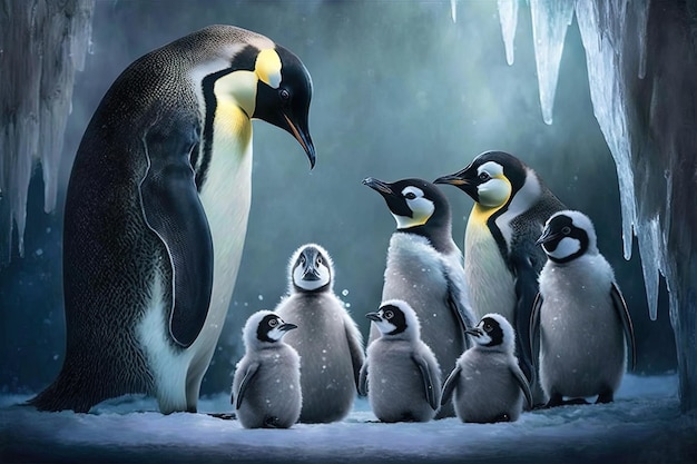 Pinguinfamilie in einer Schneehöhle