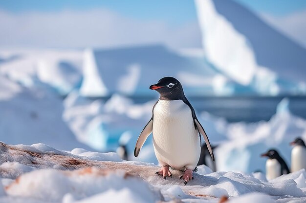 Pingüino Adele parado en la nieve con colinas nevadas al fondo