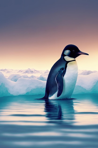 Un pingüino en el agua con un cielo rosa detrás