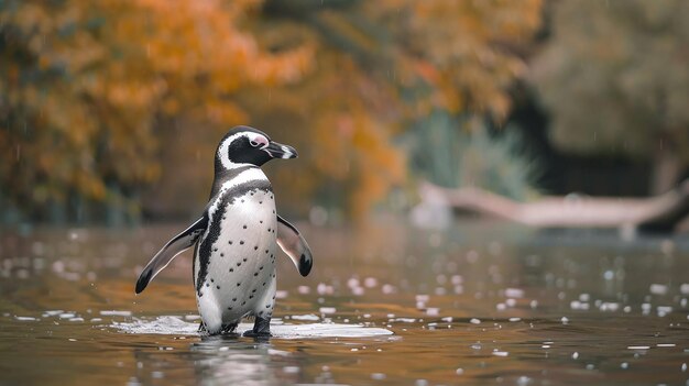 un pingüino en el agua con un fondo borroso