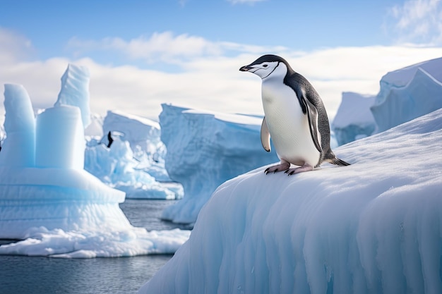 Pingüino de barbijo sobre un témpano de hielo Península Antártica Antártida Pingüinos de barbijo Pygoscelis antarctica sobre un iceberg frente a las Islas Shetland del Sur Generado por IA