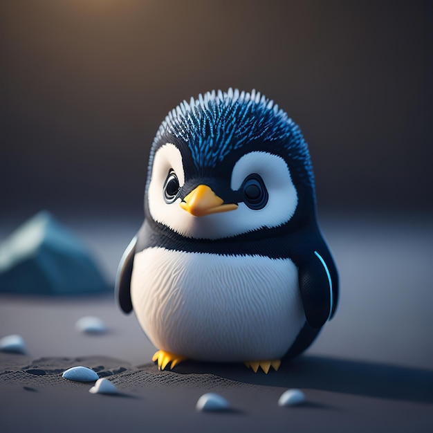 Un pingüino de cabeza azul y ojos amarillos está parado en el suelo.