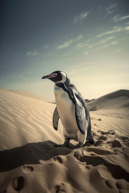 Un pingüino caminando en la arena con el sol brillando sobre él.