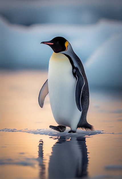 Pingüino caminando sobre el hielo con una curiosa expresión generativa ai