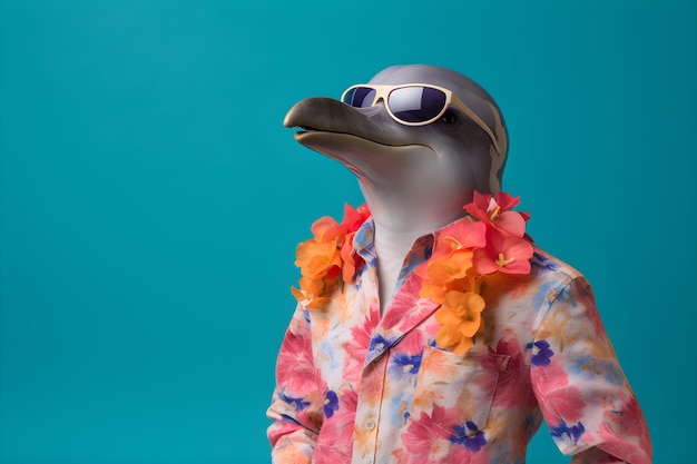 Un pingüino con una camiseta floreada y gafas de sol.