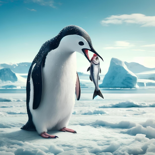 un pingüino comiendo un pez en la región polar