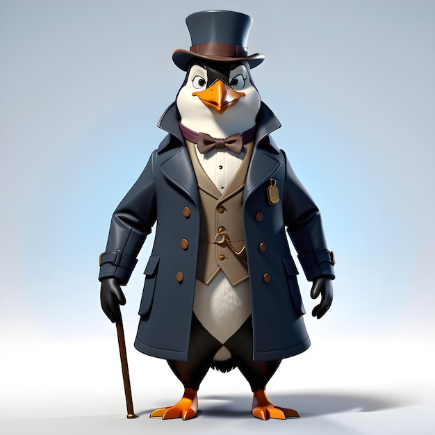 pingüino detective en un abrigo negro y sombrero de copa con un bastón