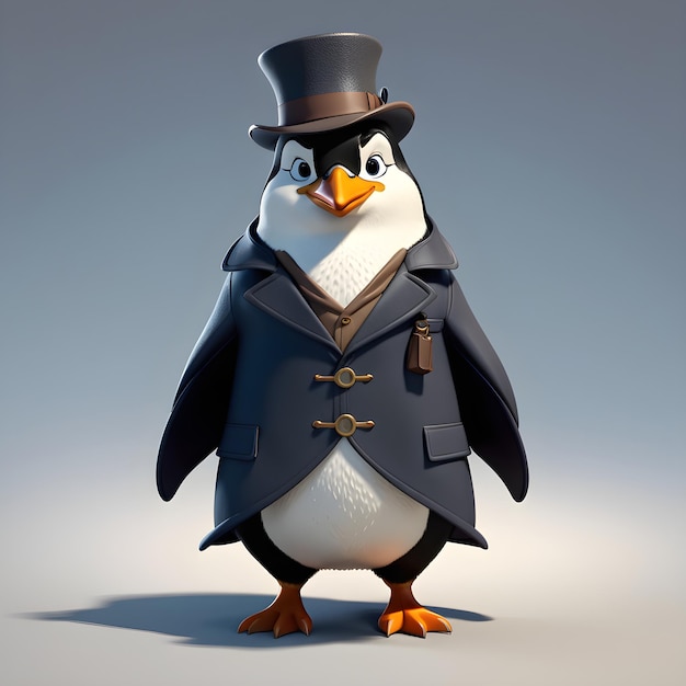 pingüino de dibujos animados con sombrero y chaqueta ilustración 3D