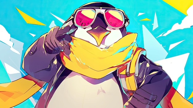 Pingüino en un disfraz de superhéroe, gafas, capa, mascota, pequeño animal salvaje, estilo de dibujos animados, anime, conceptos de personajes, el concepto de un animal salvaje en ropa humana, generado por la IA.