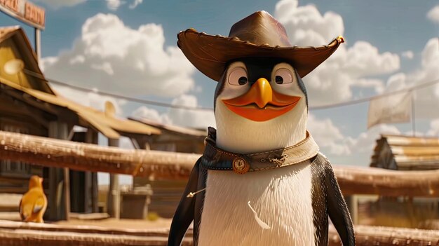 Pingüino en un disfraz de vaquero tema del oeste salvaje estética occidental juguete de peluche mascota surrealismo primer plano sombrero de cowboy estilo dibujos animados concepto de una criatura salvaje en ropa humana generado por IA