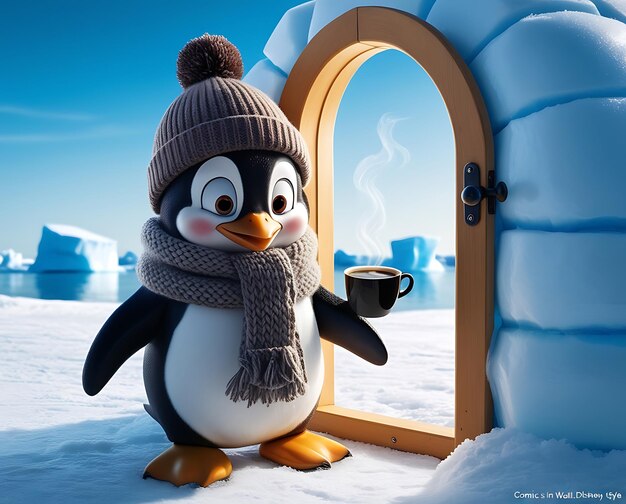 El pingüino disfrutando de una bebida caliente