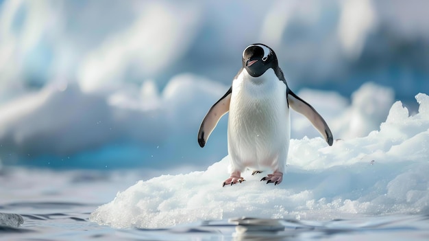 Foto el pingüino emperador de pie en la capa de hielo en la antártida está mirando a la cámara con una expresión curiosa